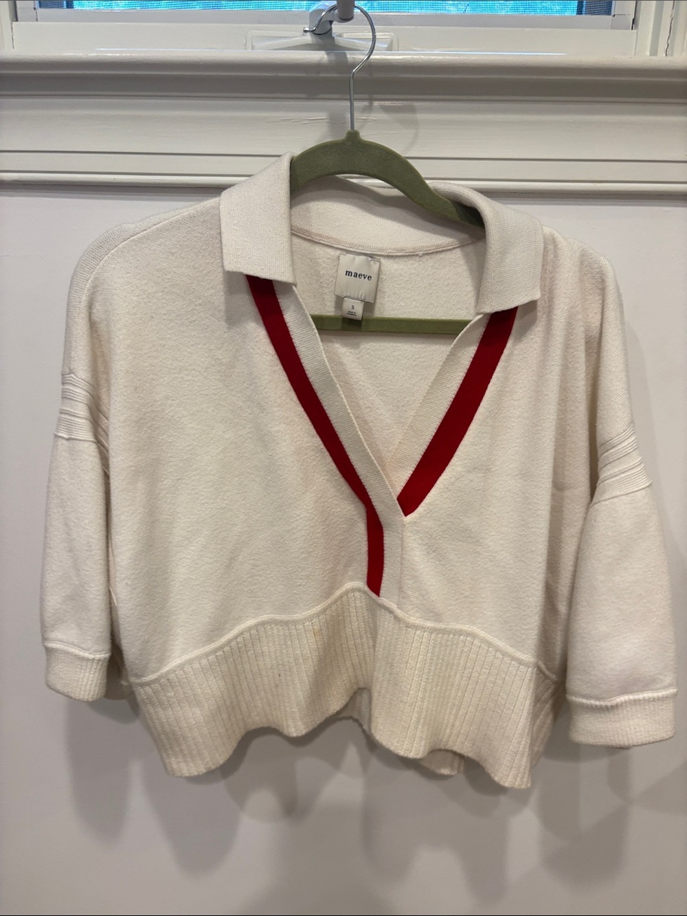 Maeve Cream V-Neck Polo Sweater with Red Trim